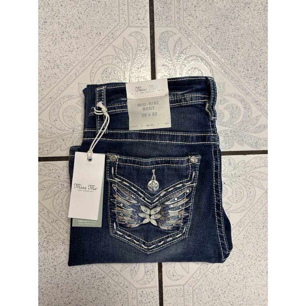 Miss Me Jeans Women’s 29X32 Mid-Rise Boot M3080B40MV Angel Wing Pockets New